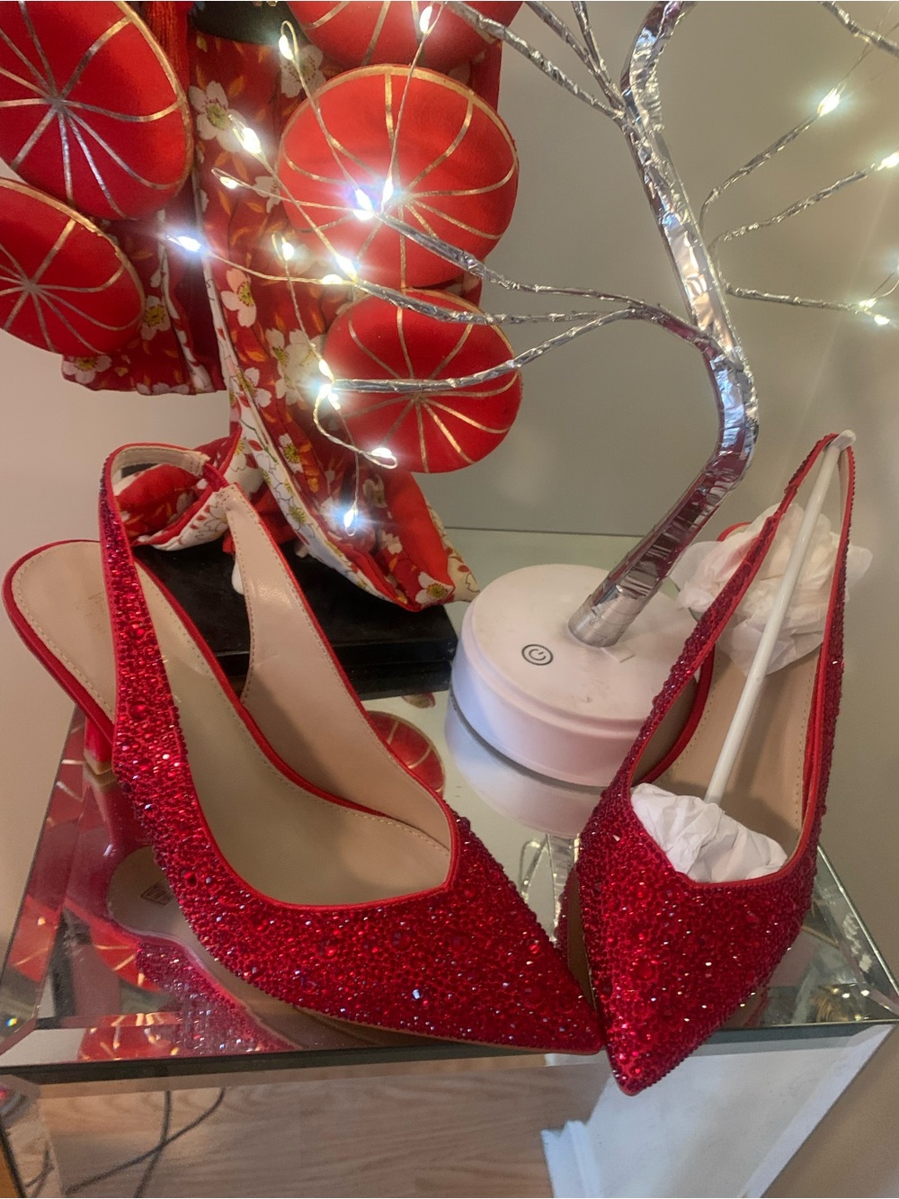 Red Glitter Slingback Pointed-Toe Heels